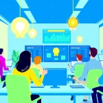 Employees engaging in business gamification activities with digital badges and leaderboards.