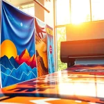 Create stunning poster printing designs in a bright art gallery setting emphasizing vibrant colors.