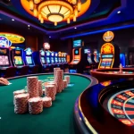 A lively casino scene at KJC AC 3 with poker chips, cards, and slot machines.