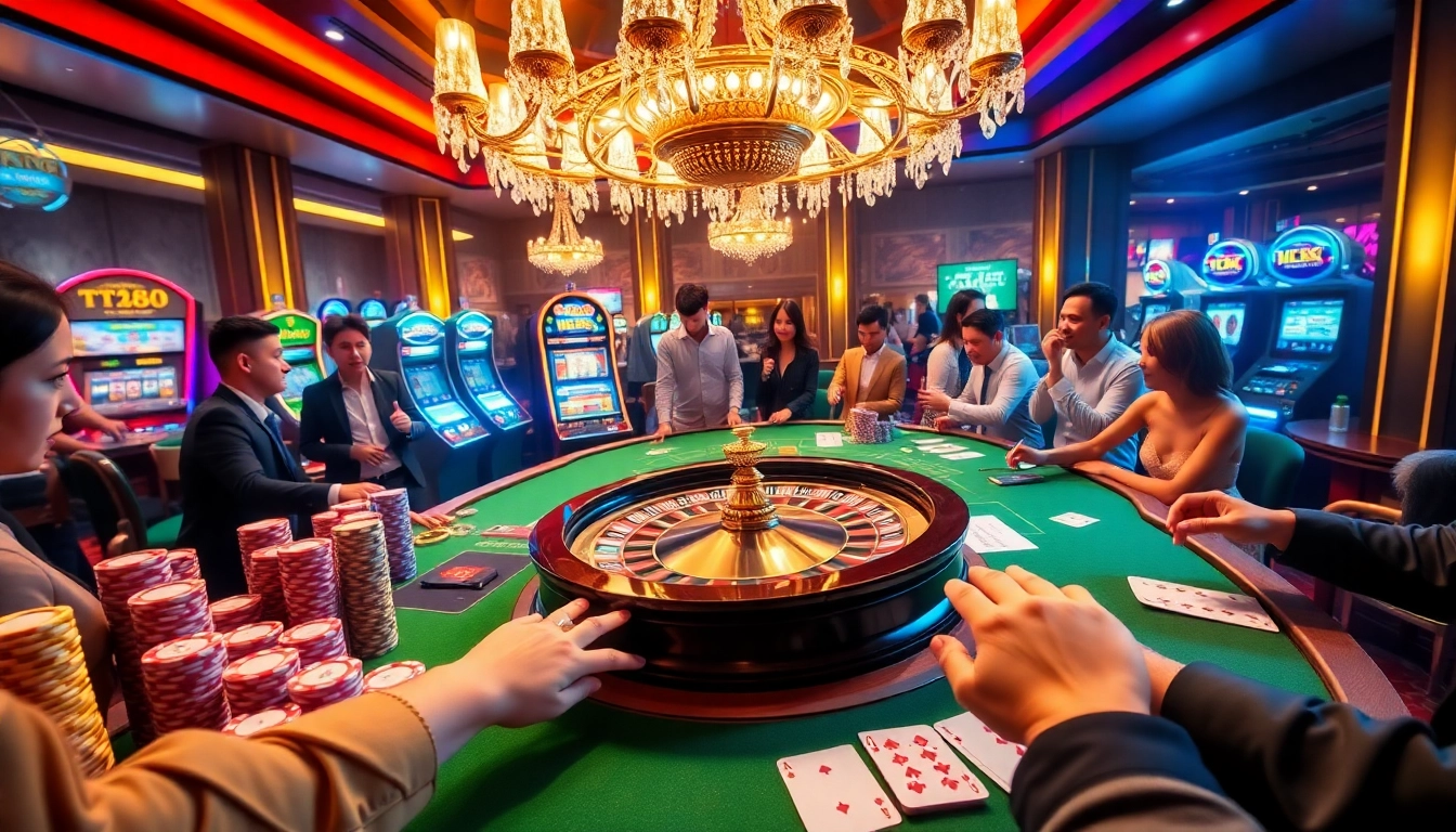 TT88 gaming scene with vibrant roulette table, poker chips, and players placing bets.