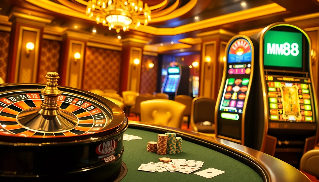 MM88 gaming experience with vibrant casino tables and exciting roulette wheel.