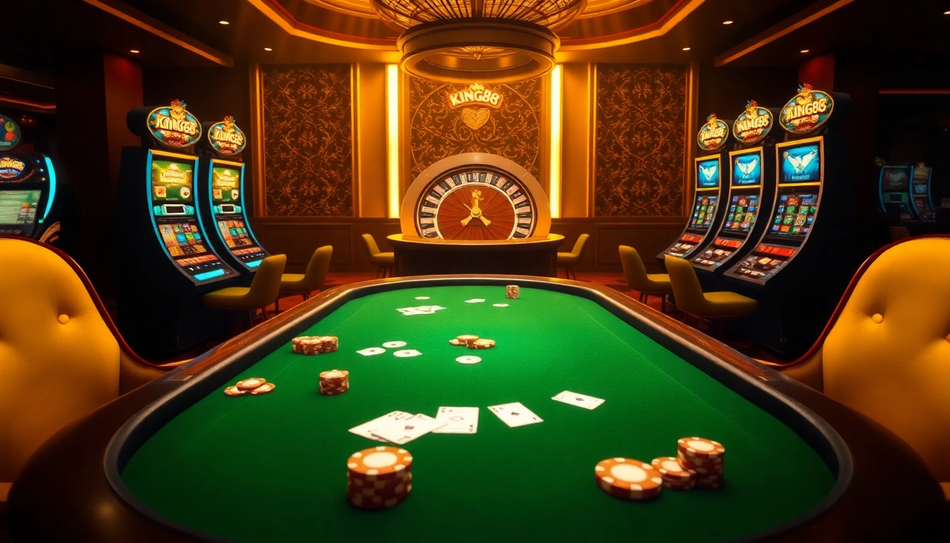 Experience thrilling gameplay at king88 with vibrant casino elements like poker chips, cards, and slot machines.