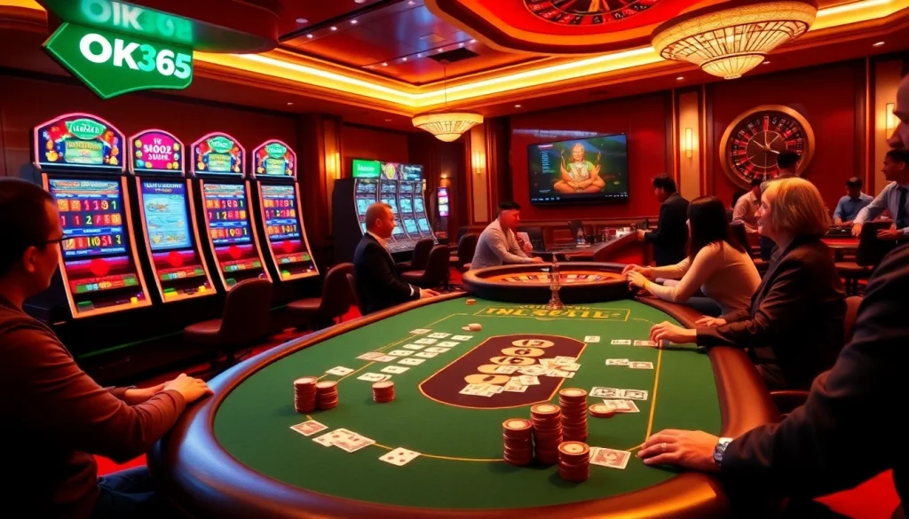 Gamblers enjoying a thrilling game night at OK365 with vibrant tables and exciting atmosphere.
