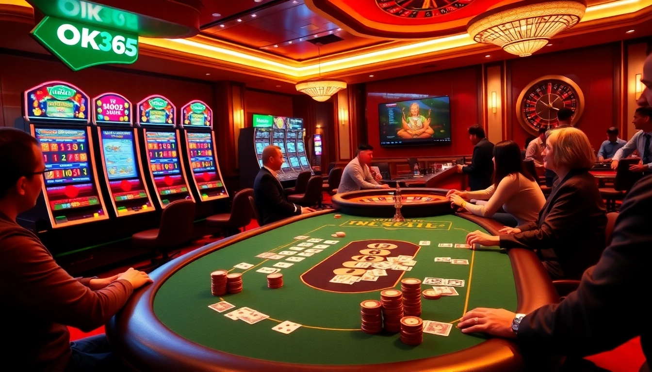 Gamblers enjoying a thrilling game night at OK365 with vibrant tables and exciting atmosphere.