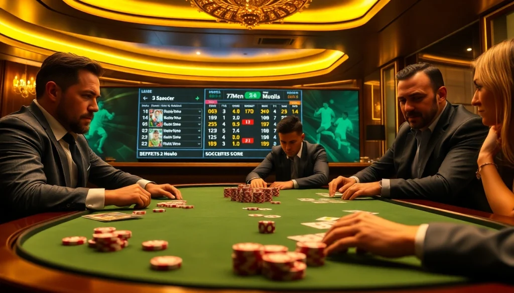 Engaging poker game in a luxurious casino featuring 7mcn with vibrant betting action.