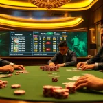 Engaging poker game in a luxurious casino featuring 7mcn with vibrant betting action.