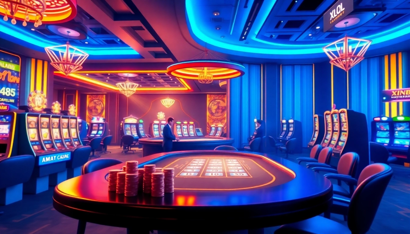 XIN88 online casino showcasing luxurious gaming with poker chips and slot machines.