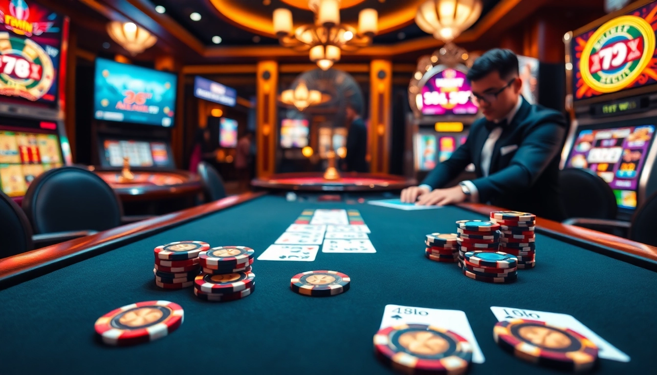 Casinoscape featuring action-packed gambling at https://78win.school/ with poker tables, roulette, and vibrant slot machines.