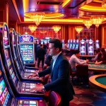 Players enjoying Slot777 machines in a vibrant, luxurious casino filled with excitement.