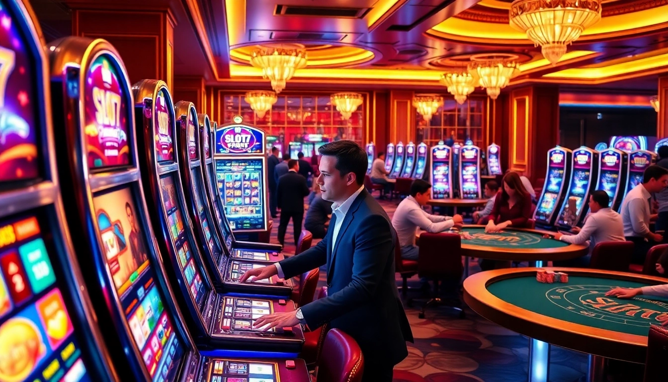 Players enjoying Slot777 machines in a vibrant, luxurious casino filled with excitement.