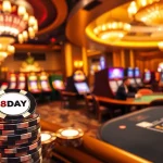 8DAY casino scene with poker tables, roulette wheels, and vibrant slot machines in a luxurious setting.