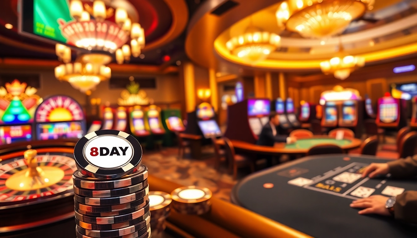 8DAY casino scene with poker tables, roulette wheels, and vibrant slot machines in a luxurious setting.