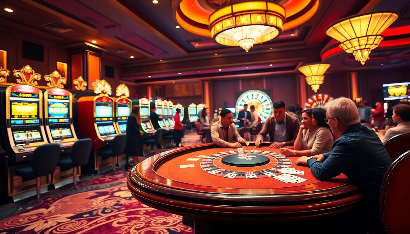 Players strategizing at a F168 casino table surrounded by exciting games and winning chances.