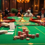 Players enjoying a high-stakes game at the j88-themed casino table surrounded by poker chips and dice.
