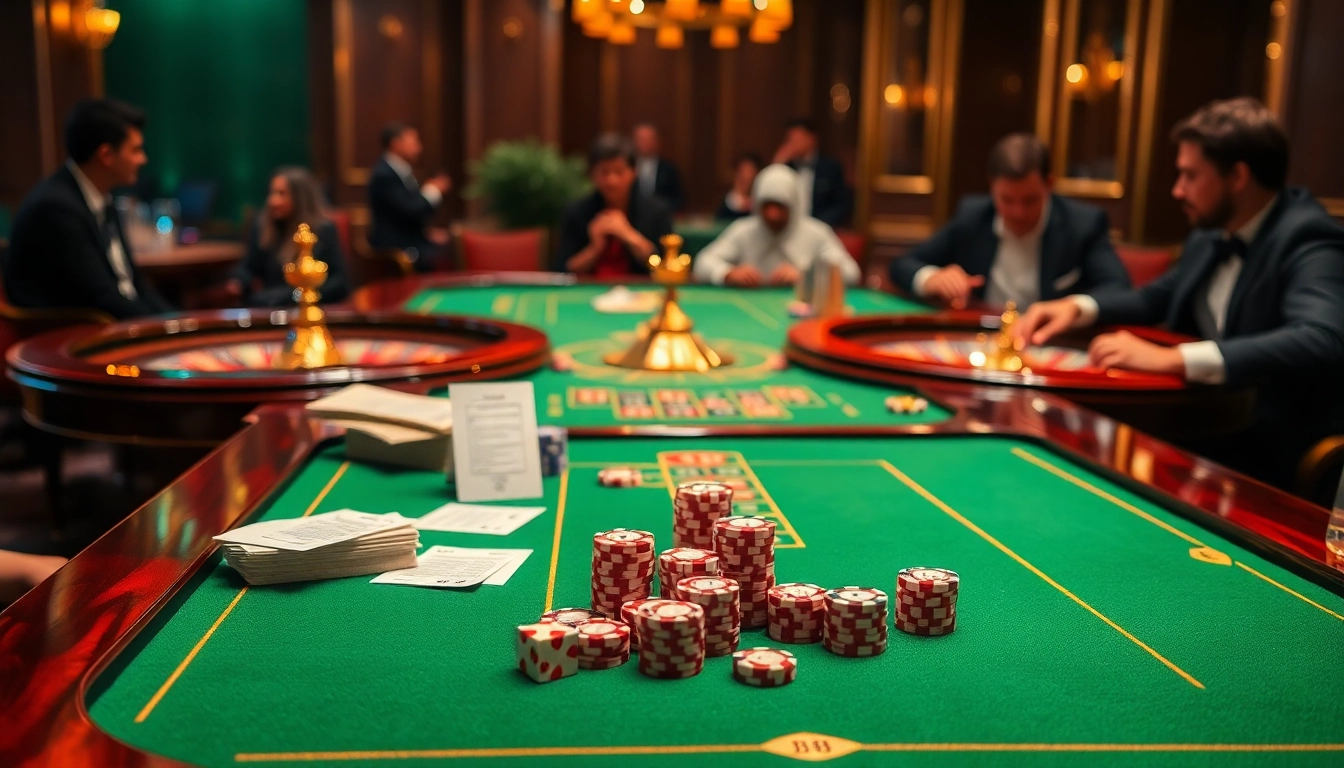 Players enjoying a high-stakes game at the j88-themed casino table surrounded by poker chips and dice.