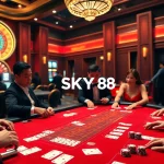 Exciting Baccarat game at SKY88 casino with elegant players and vibrant setup.