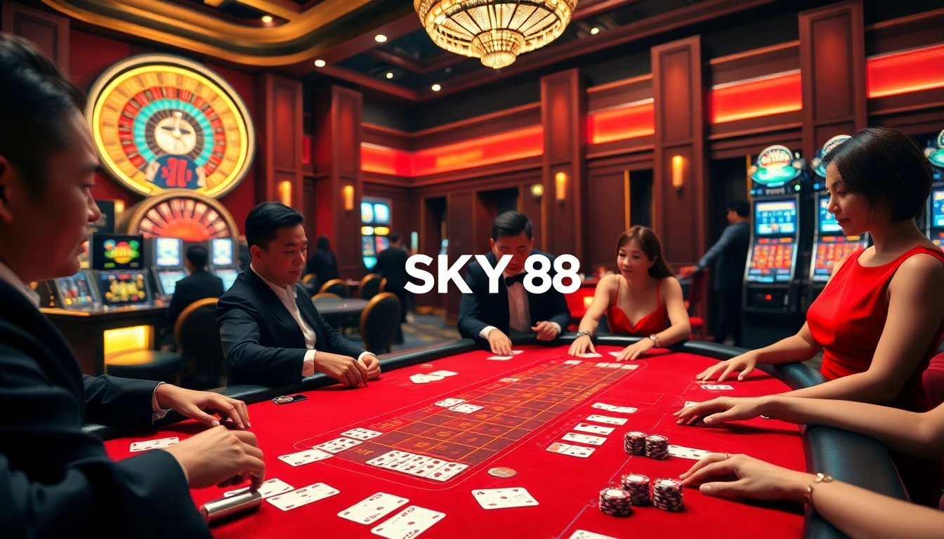 Exciting Baccarat game at SKY88 casino with elegant players and vibrant setup.