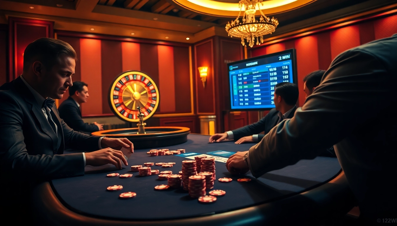 Players strategizing at the poker table in a luxurious setting at nhà cái 123WIN casino.