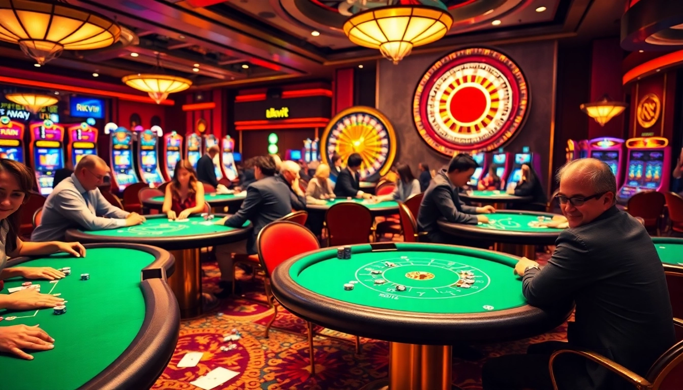 Experience the allure of rikvip with players enjoying poker and roulette in an upscale casino setting.