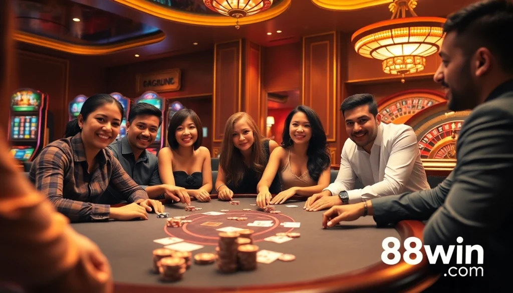 Engaging poker game at a luxurious casino showcasing excitement with 98win com branding.