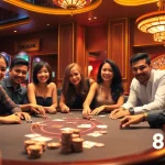 Engaging poker game at a luxurious casino showcasing excitement with 98win com branding.