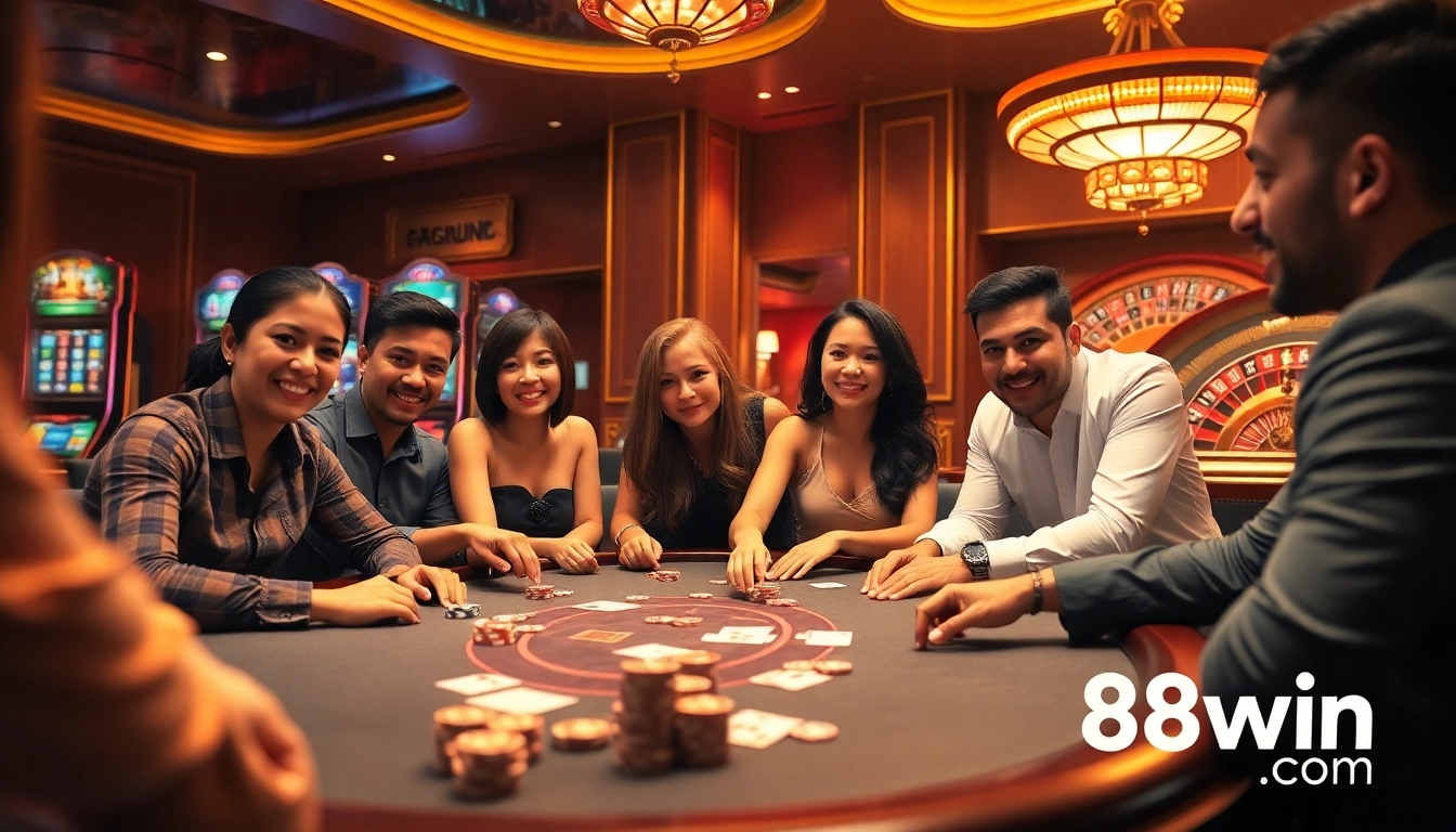 Engaging poker game at a luxurious casino showcasing excitement with 98win com branding.