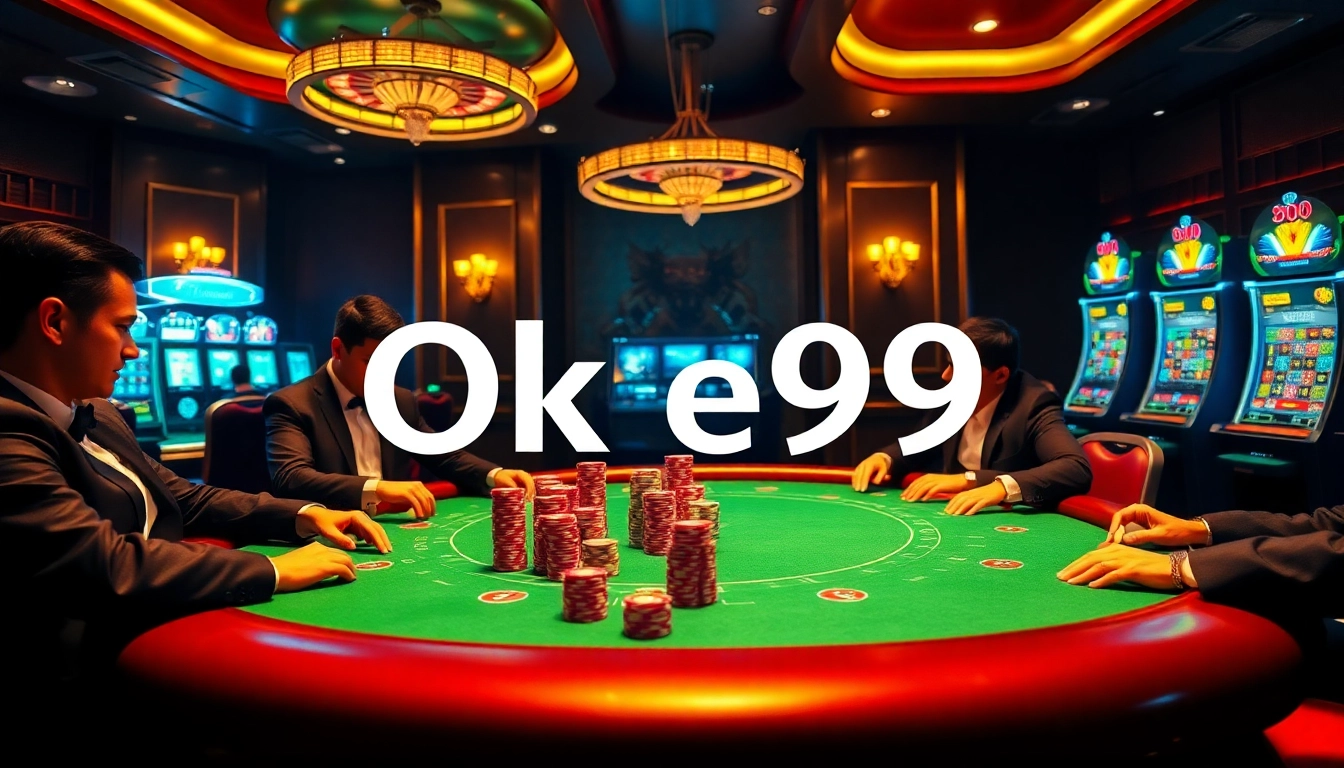 Oke99 poker players engaged in a high-stakes game at a luxurious casino table.