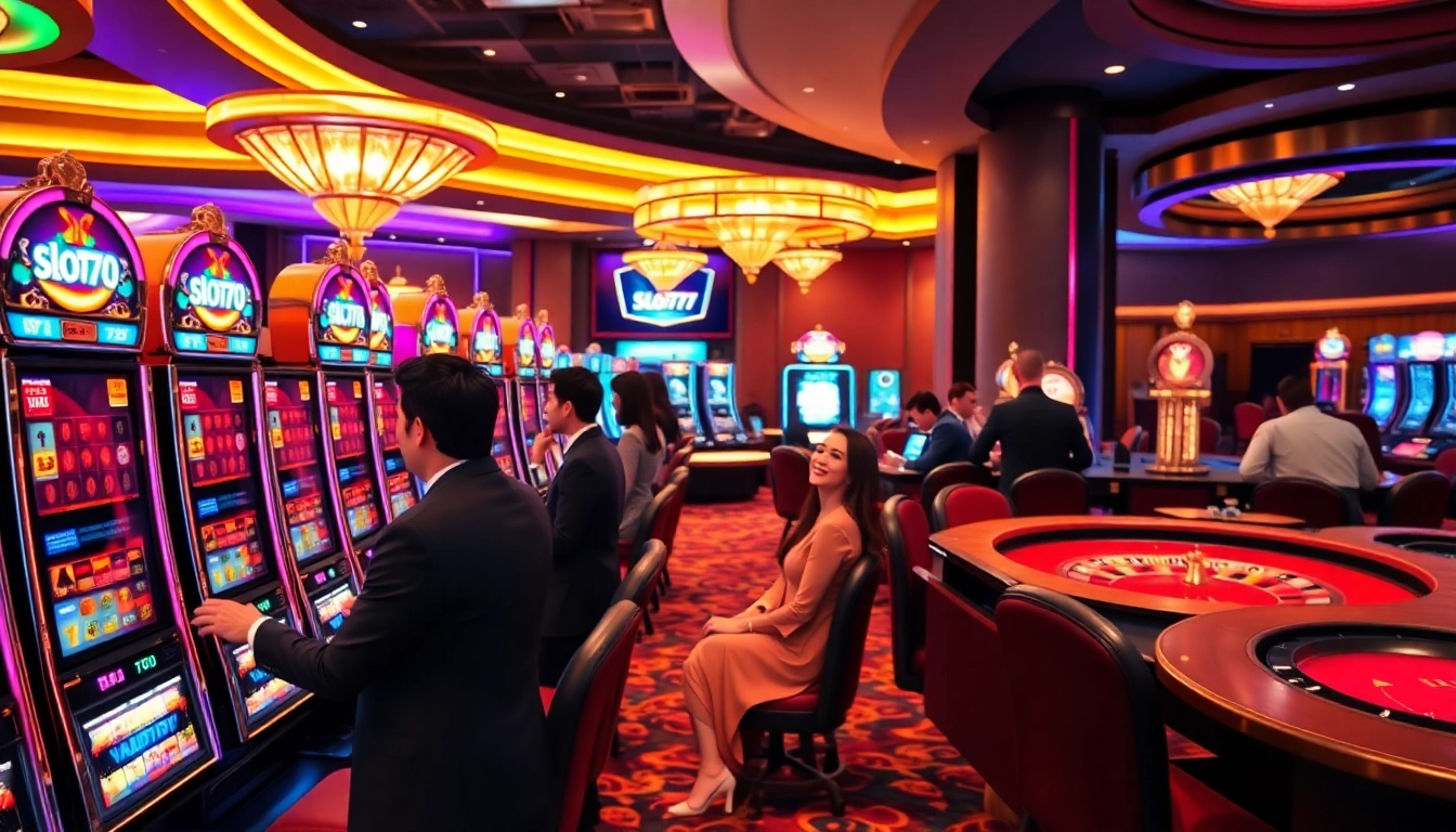 Thrilling Slot777 experience showcasing players winning at vibrant slot machines in a luxurious casino.