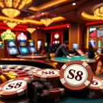 Exciting gambling action at S8 casino with players enjoying poker and vibrant slot machines.
