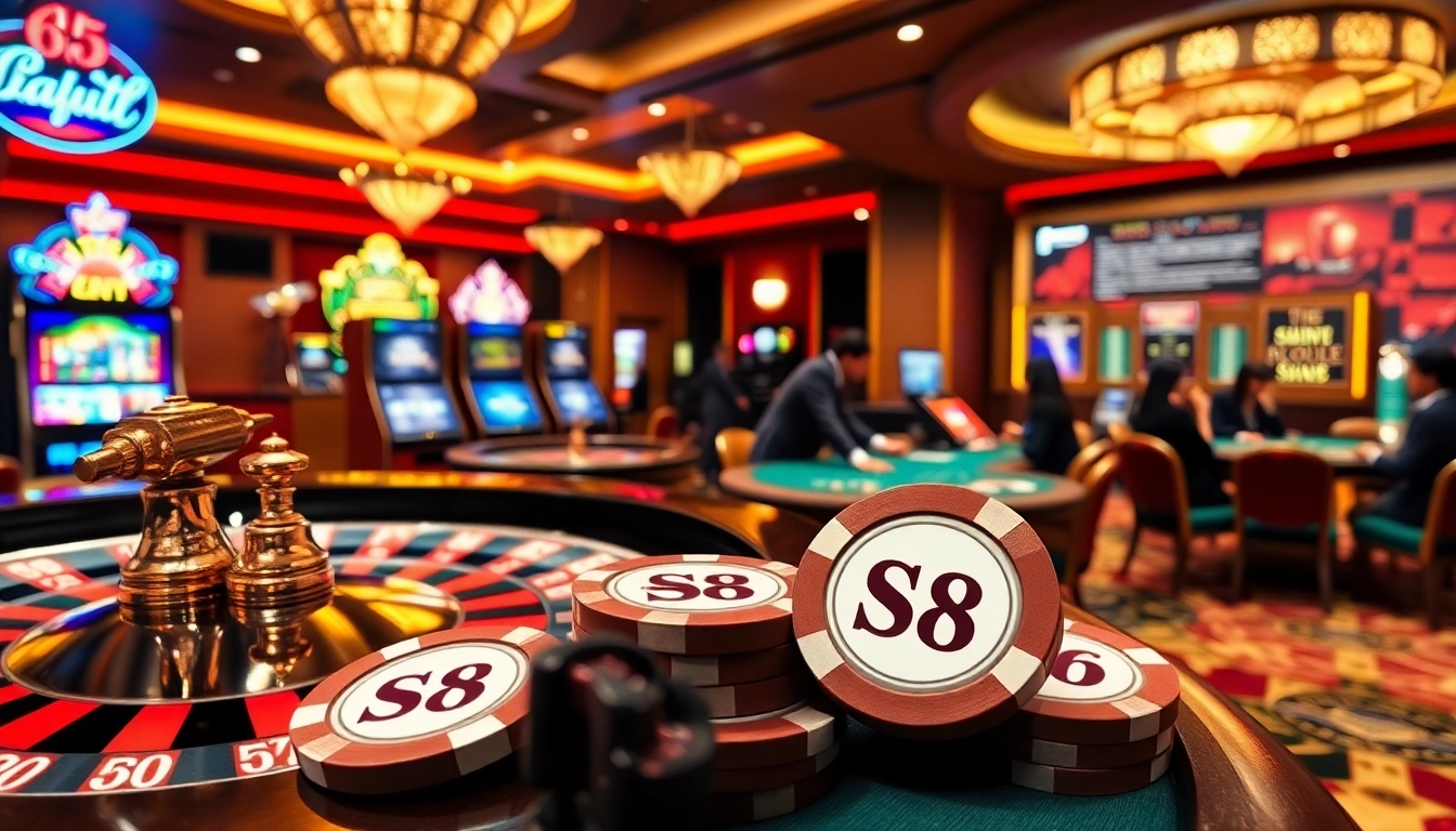 Exciting gambling action at S8 casino with players enjoying poker and vibrant slot machines.