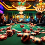 Engaging poker players at a luxurious casino table filled with chips, showcasing 789bet excitement.