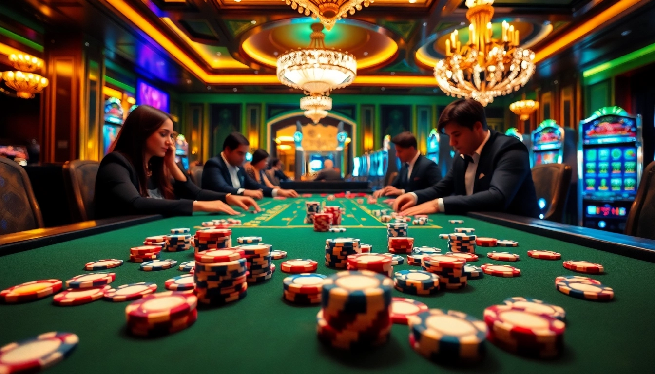 Engaging poker players at a luxurious casino table filled with chips, showcasing 789bet excitement.