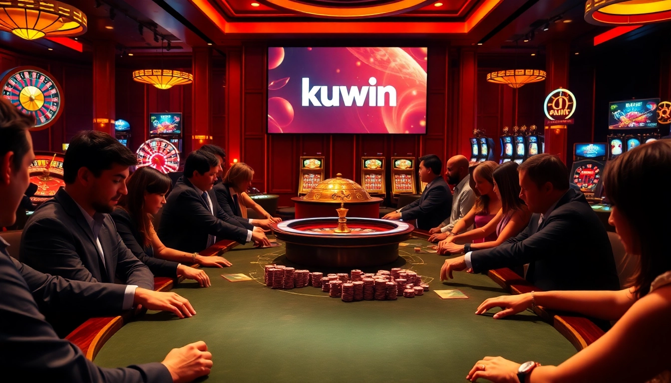 Kuwin logo displayed in a lively casino environment with players engaged in high-stakes games.