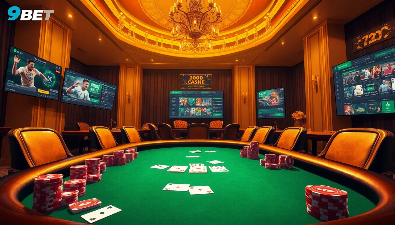 Players enjoying the gaming experience at https://9bet.com.de/ with elegant poker tables and vibrant chips.