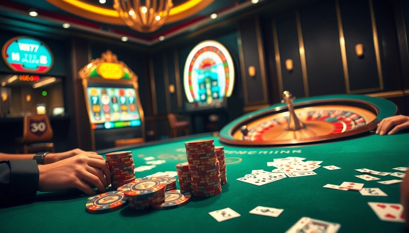 Win79 poker game scene with players, chips, and casino ambiance.