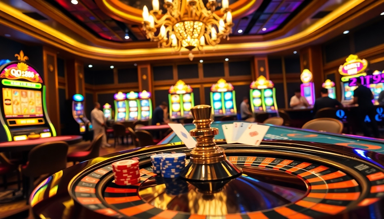 Players enjoying thrilling games at a QQ88 casino, showcasing poker chips and roulette excitement.