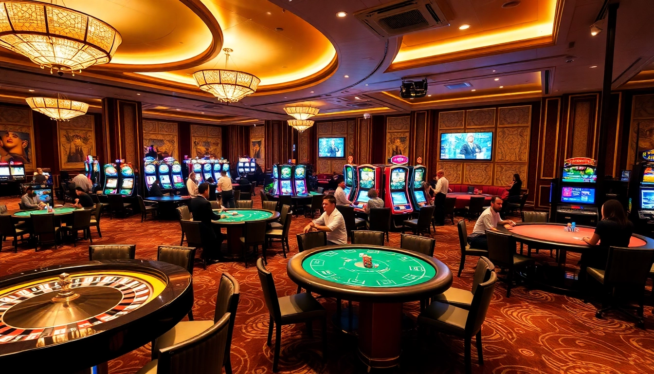Players enjoying live casino action at https://thabet.vegas/ with vibrant slot machines and poker tables.