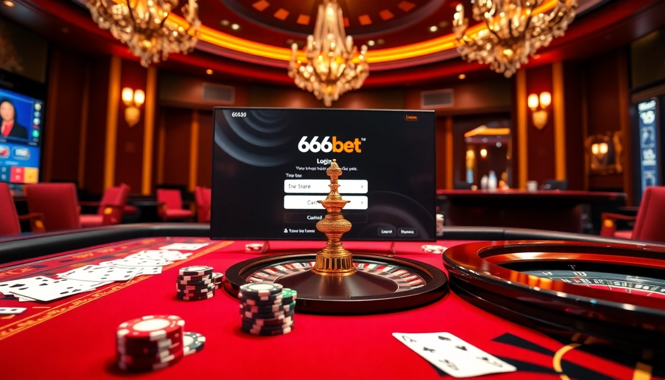 Experience the excitement of 6666bet Login with a luxurious casino atmosphere featuring cards and roulette.