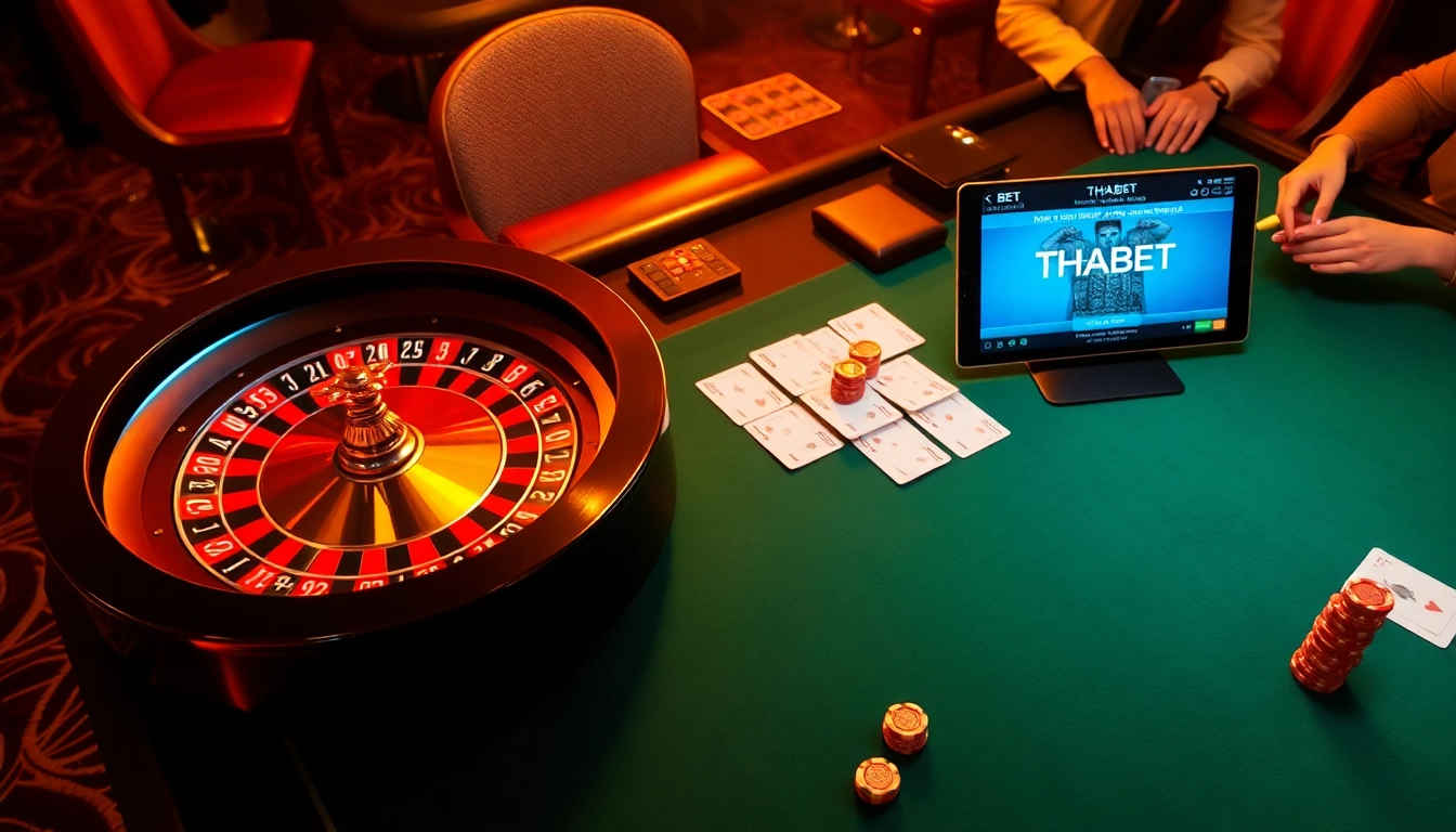 Experience the excitement of THABET with interactive casino visuals featuring poker chips and roulette wheels.