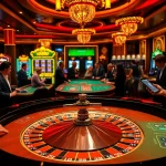 A high-energy gambling scene showcasing a roulette table from https://fc88.de.com/ with players and vibrant casino elements.
