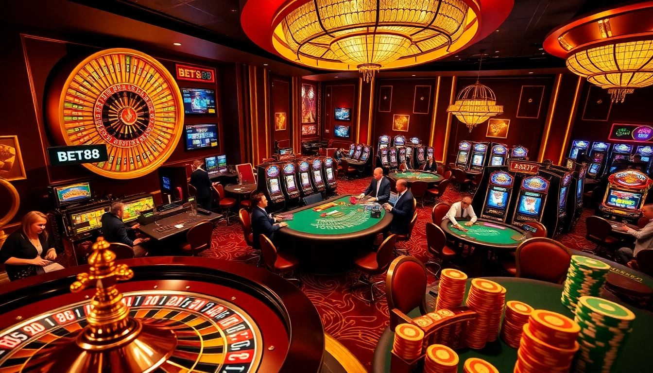 BET88 players enjoying high-stakes action at a glamorous casino table.