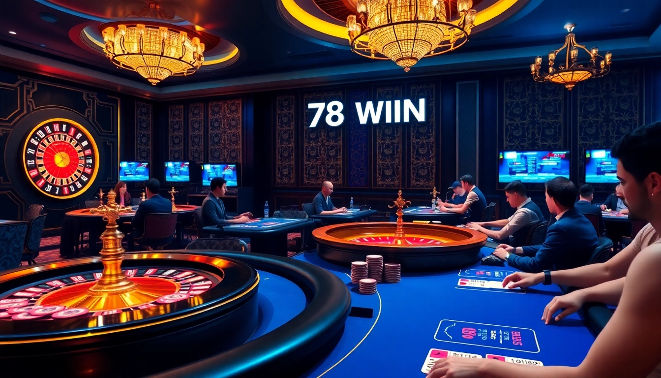 78WIN casino atmosphere with vibrant games, poker action, and exciting betting moments.