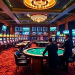 Experience high-stakes gaming with 12bet at a bustling casino with betting tables and vibrant slot machines.