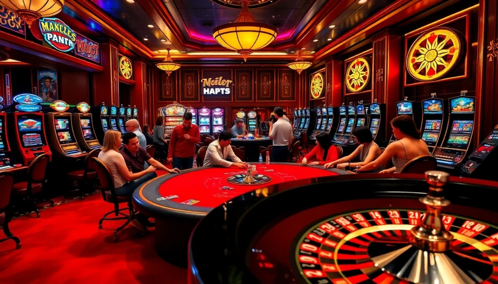 Engage in thrilling gameplay at https://nk88.diy/ with a vibrant casino scene featuring poker tables and high-stakes action.