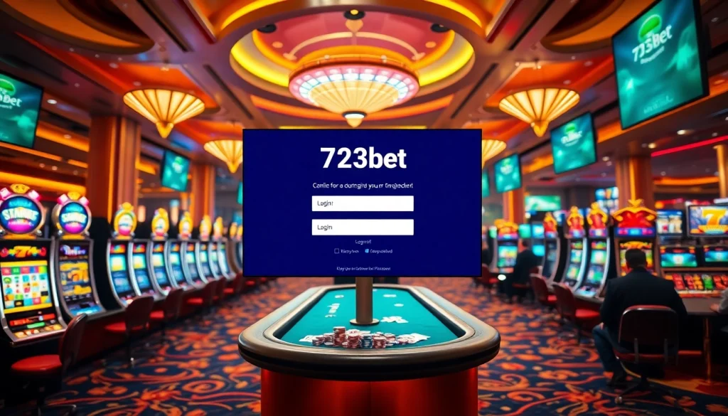 Experience the excitement of 733bet Login on a luxurious casino floor with vibrant slot machines.