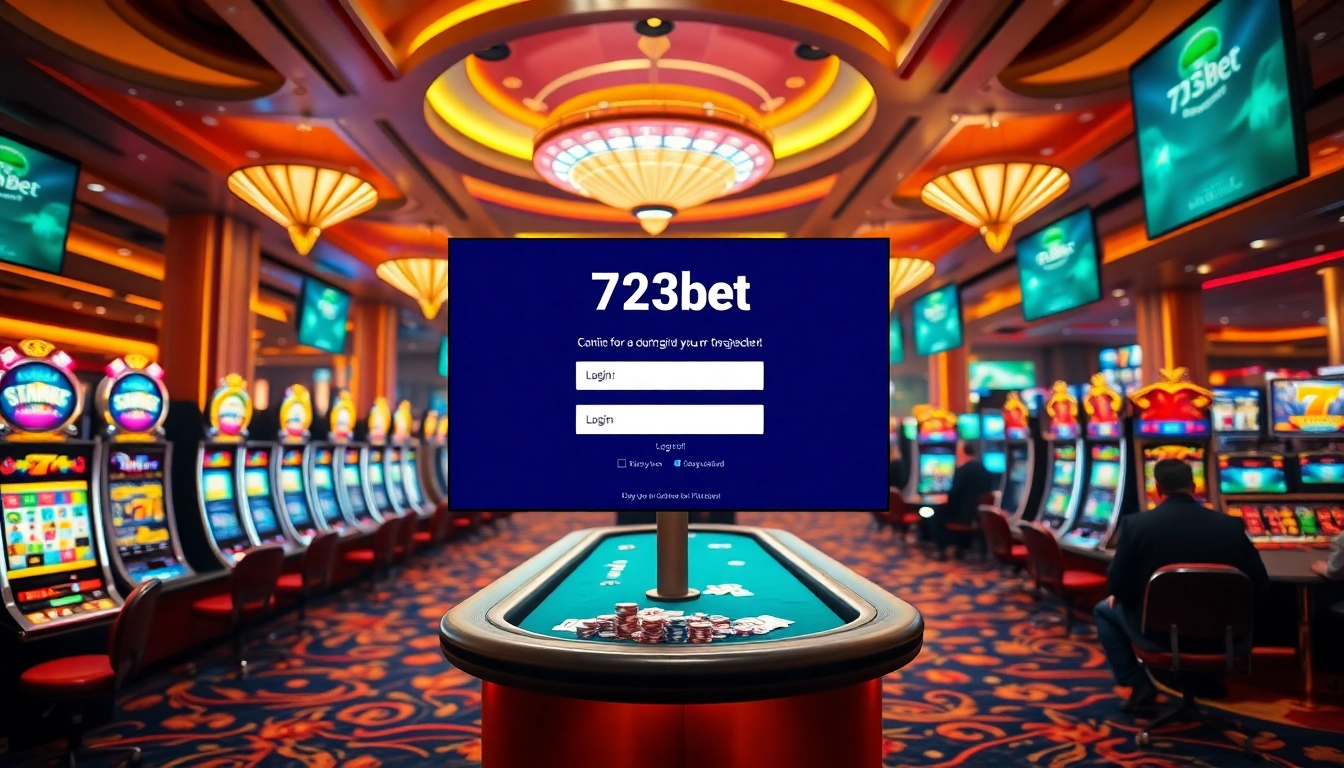 Experience the excitement of 733bet Login on a luxurious casino floor with vibrant slot machines.