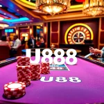 U888 casino scene featuring engaging players at a poker table and roulette wheel.