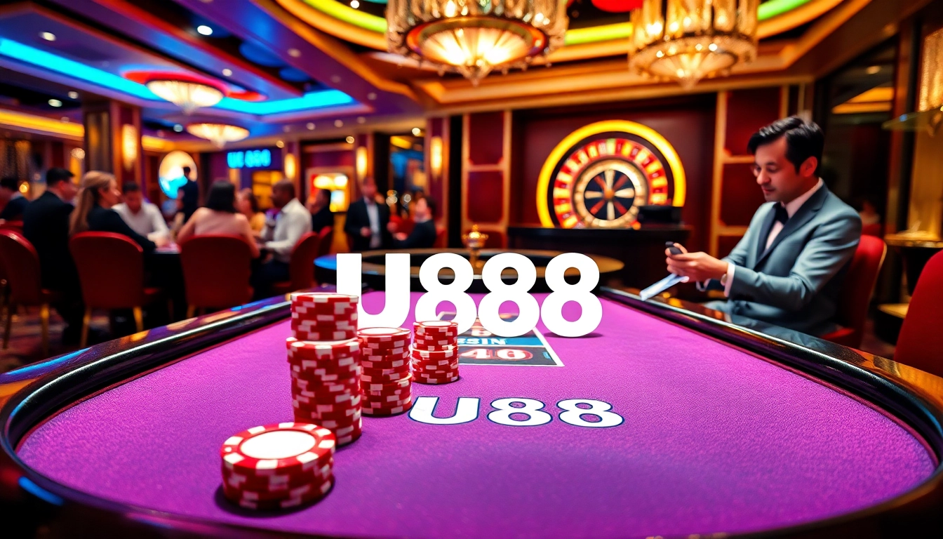U888 casino scene featuring engaging players at a poker table and roulette wheel.
