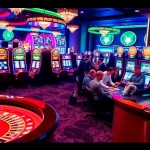 Experience thrilling gaming at NEO79 with vibrant slot machines and a lively poker table.