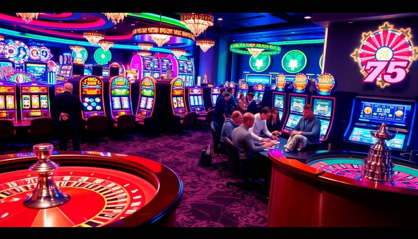 Experience thrilling gaming at NEO79 with vibrant slot machines and a lively poker table.